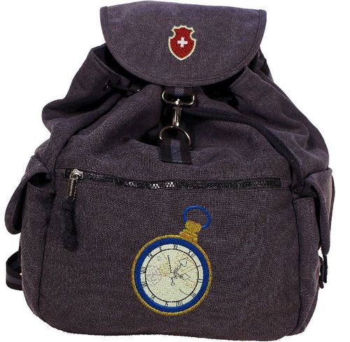 Vintage Canvas Backpack QUADRA Schwarz - Taschenuhr SWISSSTICKER